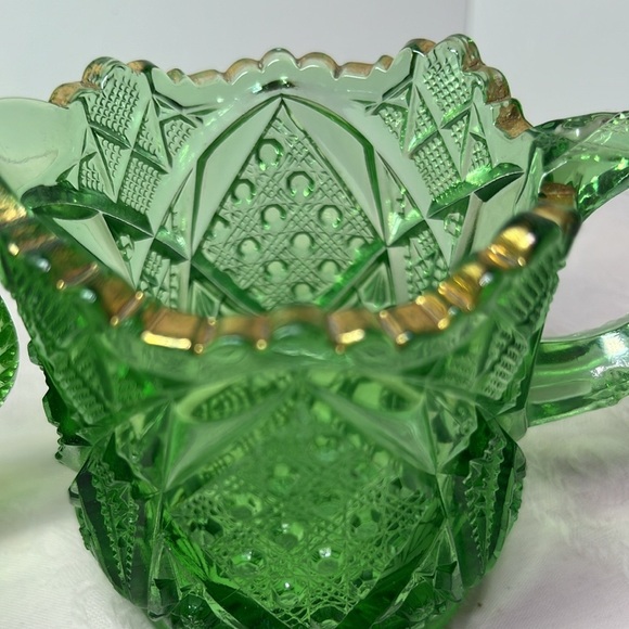 EAPG Green Gold Creamer Sugar, diamond basket weave pressed glass early american - Picture 3 of 16